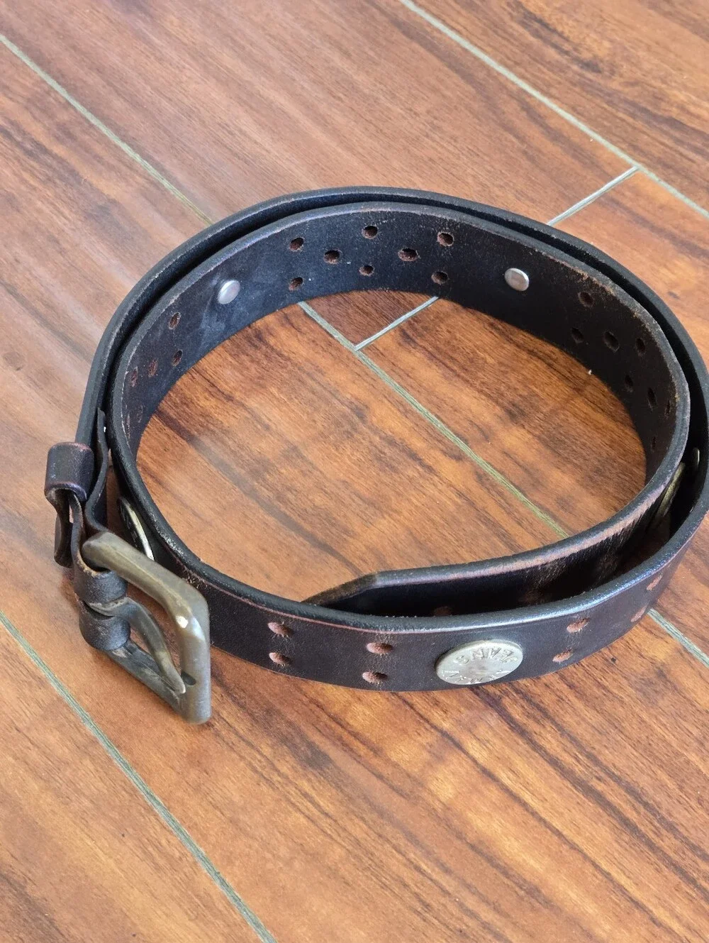 Vintage Armani Distressed Brown Leather Belt Western Grunge Metal Stud Accents